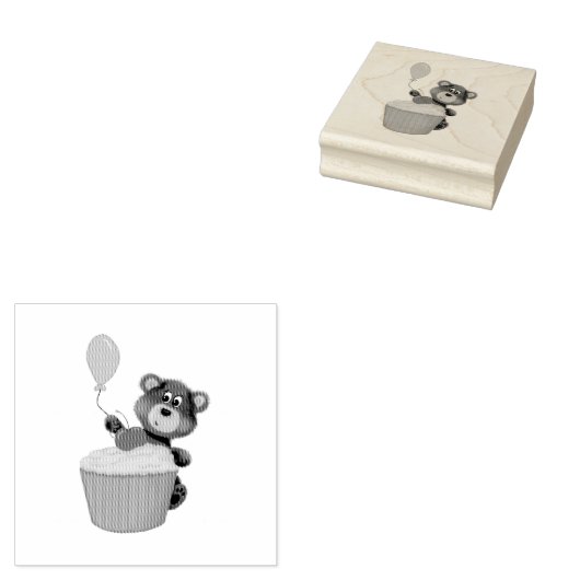 Cute Hand Drawn Brown Bear with Balloon & Cupcake  Rubberstempel (Gestempeld)