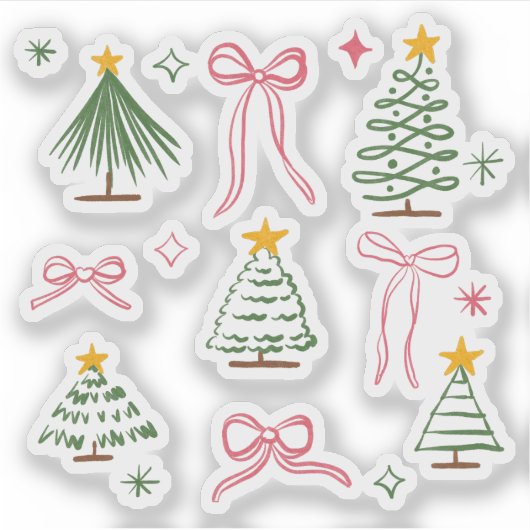 Cute Hand Drawn Christmas Trees and Bows Pattern Sticker (Voorkant)