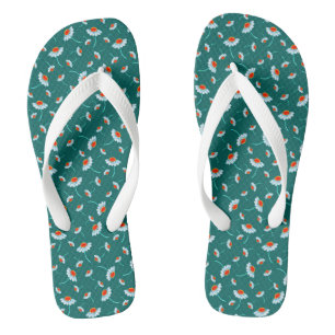 Cute Hand Drawn Daisy Floral Pattern on Jade Green Teenslippers