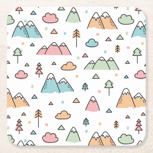 Cute Hand Drawn Mountain Scene Pattern Vierkante Kartonnen Onderzetter (Voorkant)