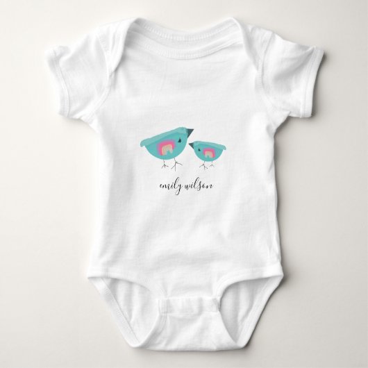 Cute Hand Drawn Rainbow Blue Birdy Moeder Baby Romper (Voorkant)