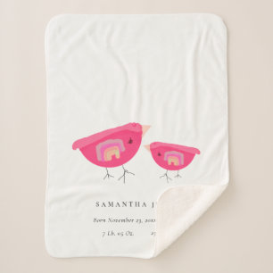 Cute Hand Drawn Rainbow Pink Birdy Baby Birth Stat Sherpa Deken