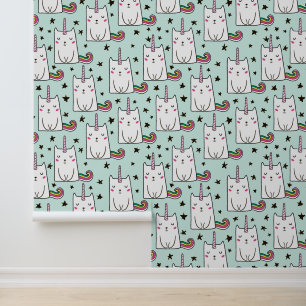 Cute Hand Drawn Unicorn Cat Pattern Behang