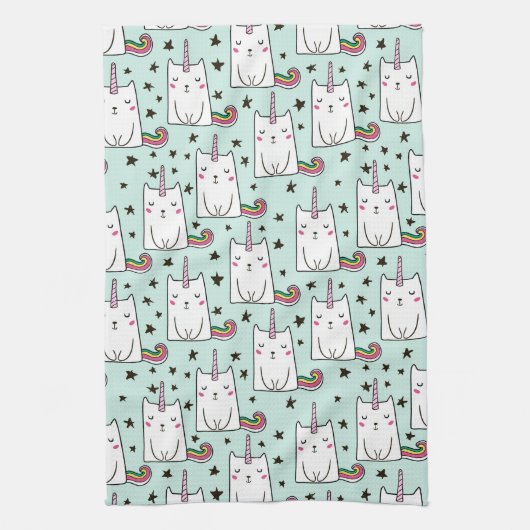 Cute Hand Drawn Unicorn Cat Pattern Theedoek (Verticaal)