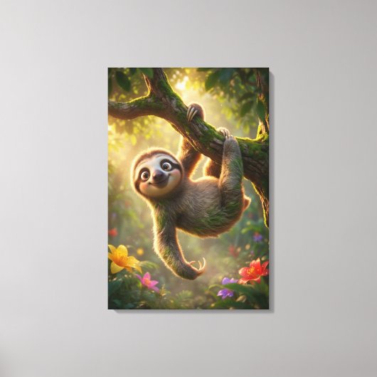 Cute Hanging Sloth 3D Cartoon Jungle Canvas Print (Voorkant)