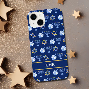 Cute Hanukkah Dreidel Menorah Blue Monogram iPhone 14 Hoesje
