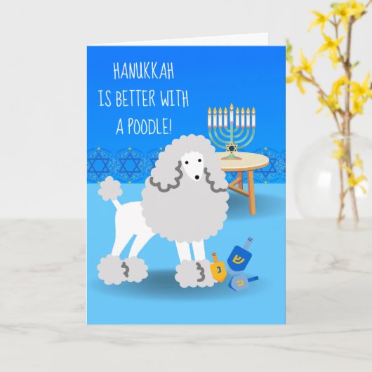 Cute Hanukkah met Poodle en Menorah Kaart (Gele Bloem)