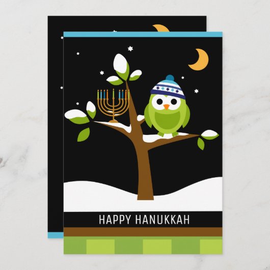 Cute Hanukkah Owl & Menorah Snowy Tree Feestdagenkaart (Voorkant / Achterkant)