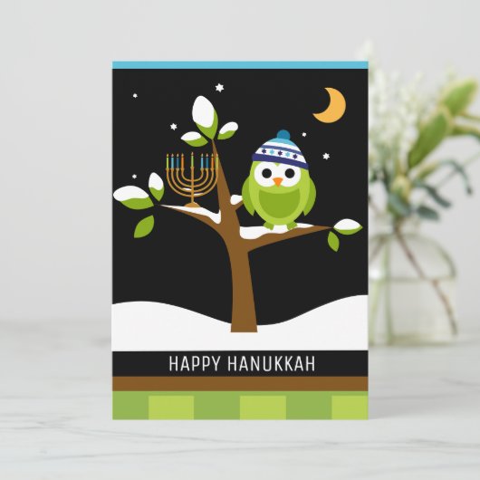 Cute Hanukkah Owl & Menorah Snowy Tree Feestdagenkaart (Staand voorkant)