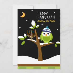 Cute Hanukkah Owl & Menorah Snowy Tree Feestdagenkaart