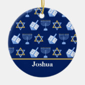 Cute Hanukkah Pattern Blue Monogram Holiday Keramisch Ornament (Voorkant)
