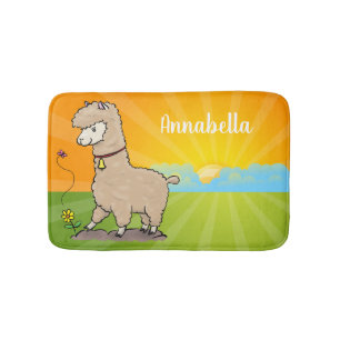 Cute happy alpaca met vlinder cartoon badmat