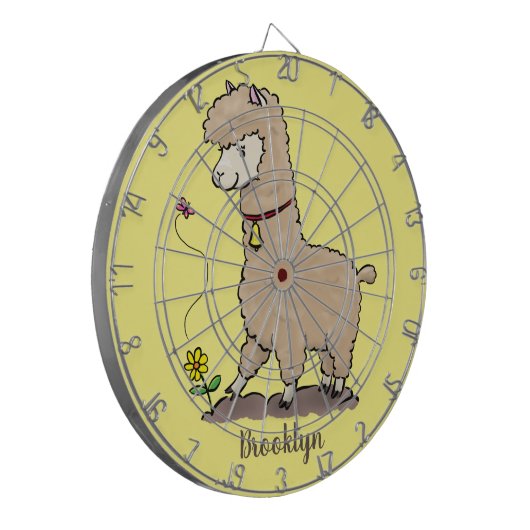 Cute happy alpaca met vlinder cartoon dartbord (Voorkant Links)
