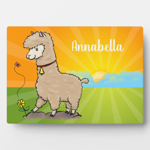 Cute happy alpaca met vlinder cartoon fotoplaat