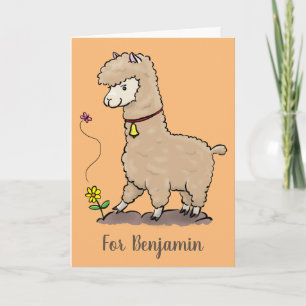 Cute happy alpaca met vlinder cartoon kaart