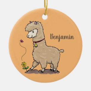 Cute happy alpaca met vlinder cartoon keramisch ornament