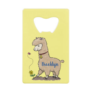 Cute happy alpaca met vlinder cartoon kredietkaart flessenopener