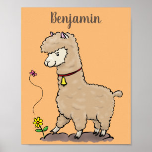 Cute happy alpaca met vlinder cartoon poster