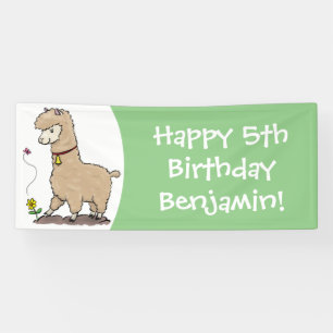 Cute happy alpaca met vlinder cartoon spandoek
