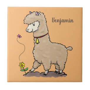 Cute happy alpaca met vlinder cartoon tegeltje