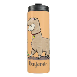 Cute happy alpaca met vlinder cartoon thermosbeker