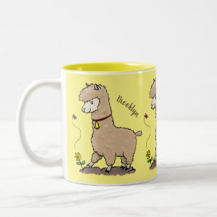 Cute happy alpaca met vlinder cartoon tweekleurige koffiemok