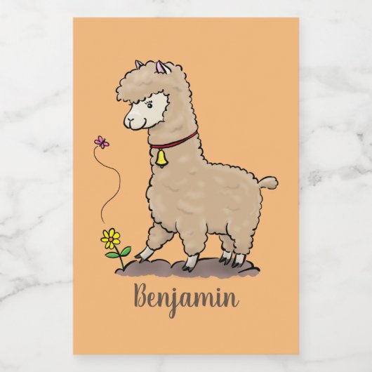 Cute happy alpaca met vlinder cartoon voedselcontainer etiket (Enkel label)