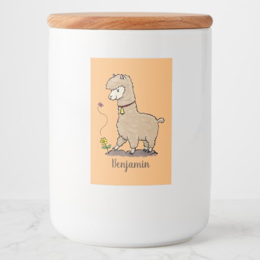 Cute happy alpaca met vlinder cartoon voedselcontainer etiket (Voorkant)