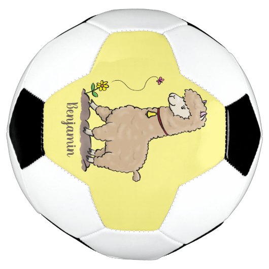 Cute happy alpaca met vlinder cartoon voetbal (Gedraaid)