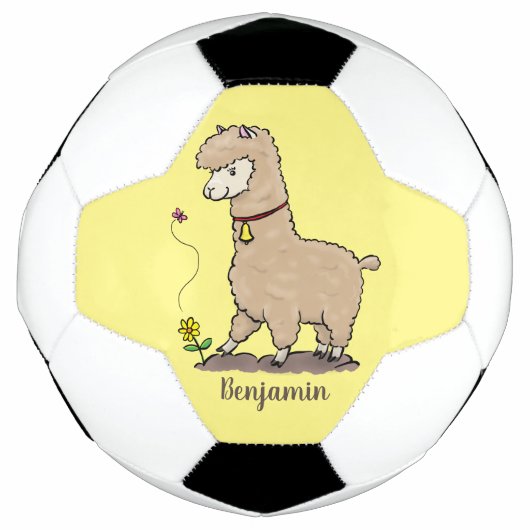 Cute happy alpaca met vlinder cartoon voetbal (Voorkant)