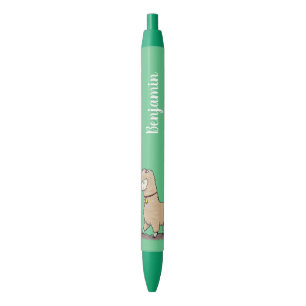 Cute happy alpaca met vlinder cartoon zwarte inkt pen