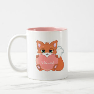 Cute Happy Baby Fox met roze hartslag Tweekleurige Koffiemok