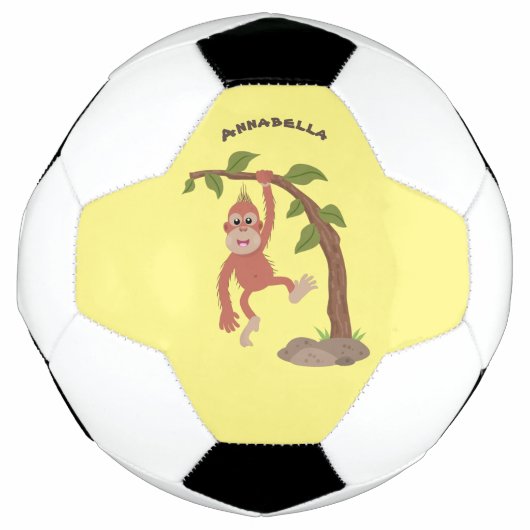 Cute happy baby orangutan cartoon illustratie voetbal (Voorkant)