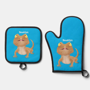Cute happy bebaarzen dradenhagedis cartoon ovenwant & pannenlap set