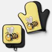 Cute happy bee cartoon illustratie ovenwant & pannenlap set (Voorkant / Achterkant)