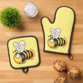 Cute happy bee cartoon illustratie ovenwant & pannenlap set (Top down)