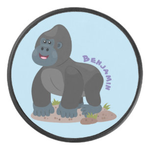 Cute happy big gorilla cartoon illustratie hockey puck