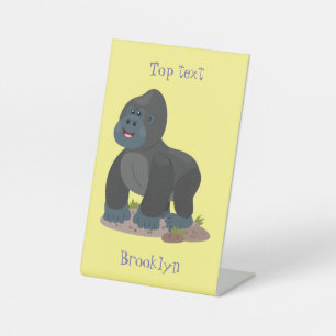 Cute happy big gorilla cartoon illustratie reclamebord met voetstuk