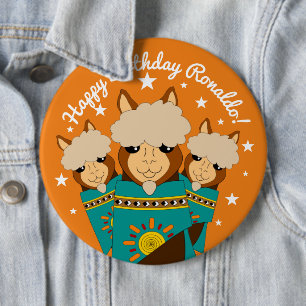 Cute Happy Birthday Boy Alpacas in Blauwgroen Sera Ronde Button 6,0 Cm