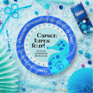 Cute Happy Birthday Boy Blue Seahorse on Waves Papieren Bordje