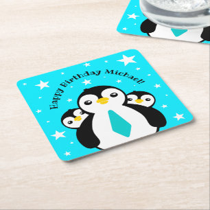 Cute Happy Birthday Boy Penguins Blue Neckties Vierkante Kartonnen Onderzetter
