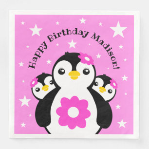Cute Happy Birthday Girl Penguins Pink Flowers Servet