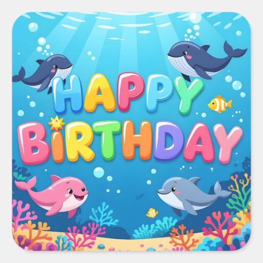 Cute Happy Birthday nautical dolphin Vierkante Sticker (Voorkant)