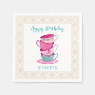 Cute Happy Birthday Tea Party Pink Whimsical-beker Servet