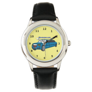 Cute happy blue Limousine cartoon car Horloge