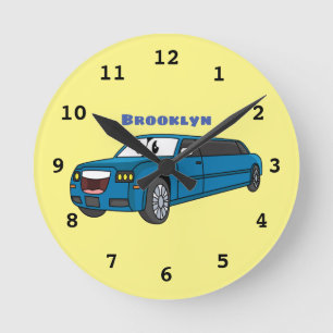 Cute happy blue Limousine cartoon car Ronde Klok