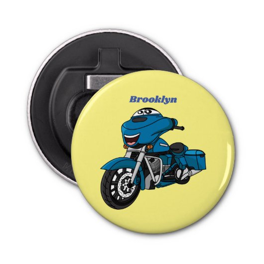 Cute happy blue motor cartoon button flesopener (Voorkant)