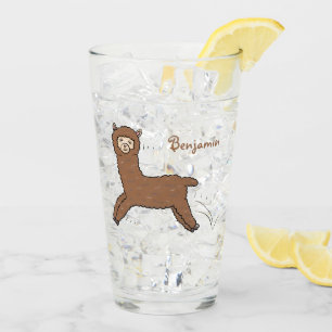 Cute happy brown alpaca cartoon glas