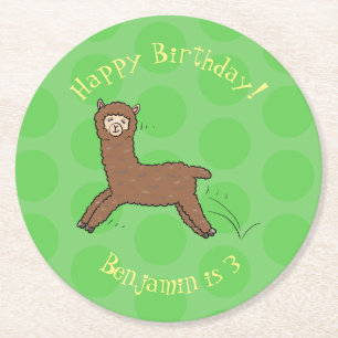Cute happy brown alpaca cartoon ronde kartonnen onderzetter