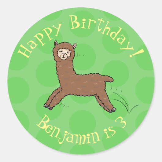 Cute happy brown alpaca cartoon ronde sticker (Voorkant)